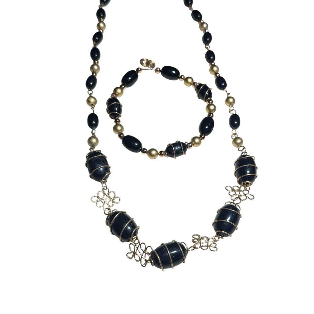 Vtg Black Bead Gold Wire Wrapped Jewelry Set Necklace Bracelet